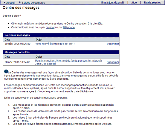Exemple de Centre des messages