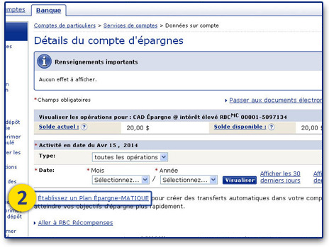 Étape 2 : Dans la page Détails du compte d'épargne, cliquez sur Établir un Plan Épargne-MATIQUE.
