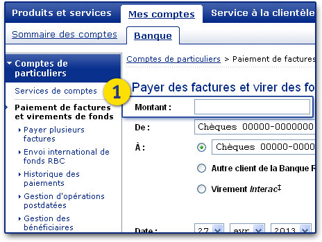Sous Mes comptes/Banque/Paiement de facture et virement de fonds, entrez le montant du virement  